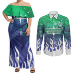 Personalized New Zealand Warriors Couples Matching Off Shoulder Maxi Dress and Long Sleeve Button Shirt Y2K Grunge Aesthetic With Cyber Flames and Starburst Graphics