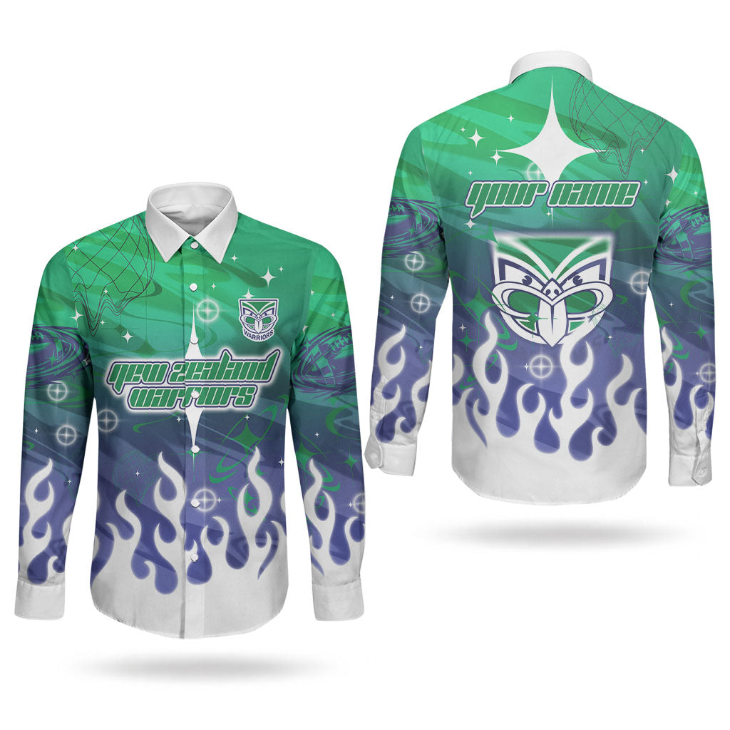 Personalized New Zealand Warriors Couples Matching Off Shoulder Maxi Dress and Long Sleeve Button Shirt Y2K Grunge Aesthetic With Cyber Flames and Starburst Graphics