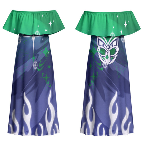 Personalized New Zealand Warriors Couples Matching Off Shoulder Maxi Dress and Long Sleeve Button Shirt Y2K Grunge Aesthetic With Cyber Flames and Starburst Graphics