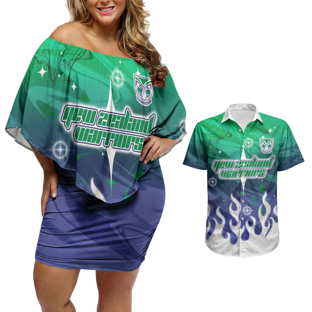 Personalized New Zealand Warriors Couples Matching Off Shoulder Short Dress and Hawaiian Shirt Y2K Grunge Aesthetic With Cyber Flames and Starburst Graphics