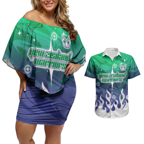 Personalized New Zealand Warriors Couples Matching Off Shoulder Short Dress and Hawaiian Shirt Y2K Grunge Aesthetic With Cyber Flames and Starburst Graphics