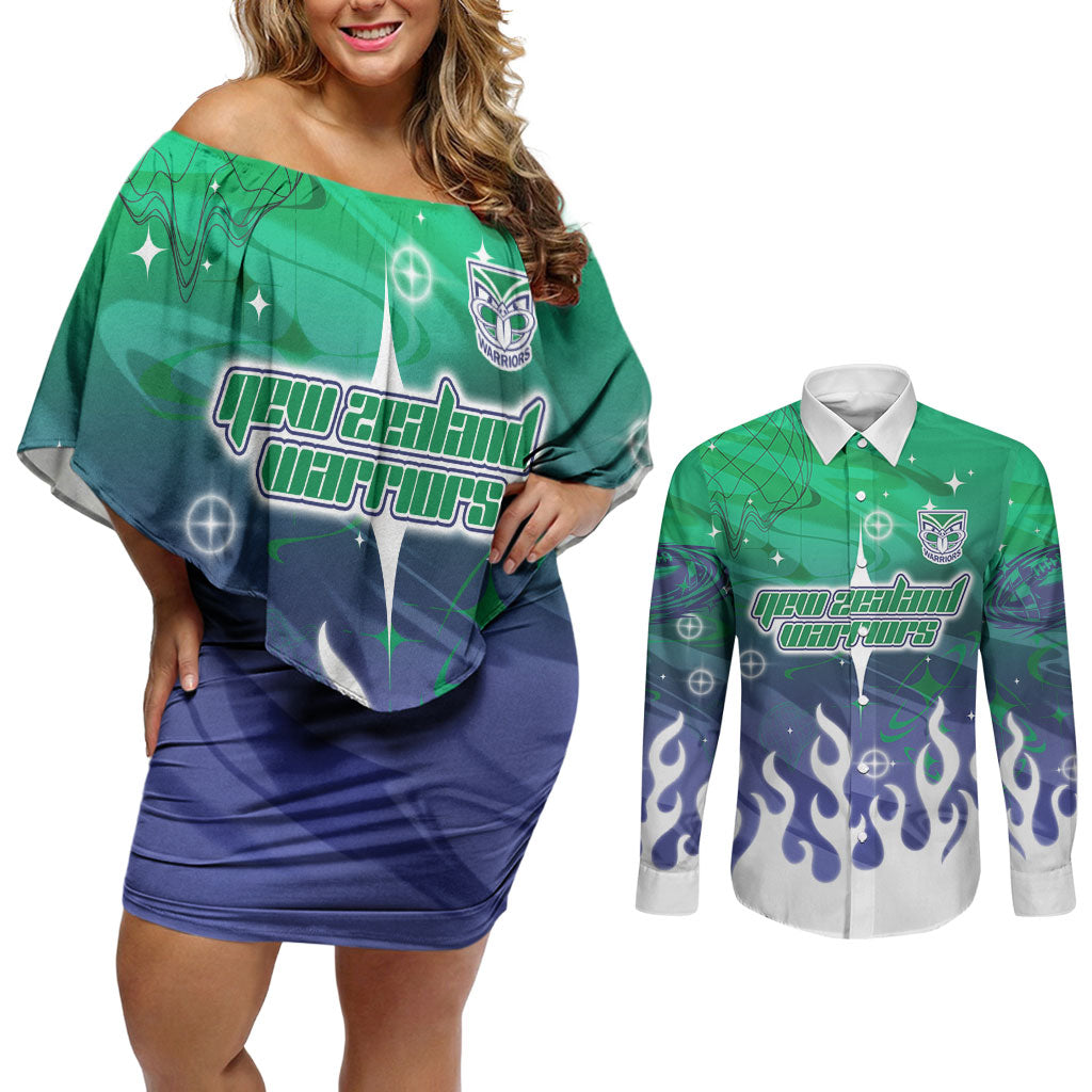 Personalized New Zealand Warriors Couples Matching Off Shoulder Short Dress and Long Sleeve Button Shirt Y2K Grunge Aesthetic With Cyber Flames and Starburst Graphics