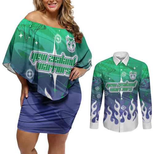 Personalized New Zealand Warriors Couples Matching Off Shoulder Short Dress and Long Sleeve Button Shirt Y2K Grunge Aesthetic With Cyber Flames and Starburst Graphics