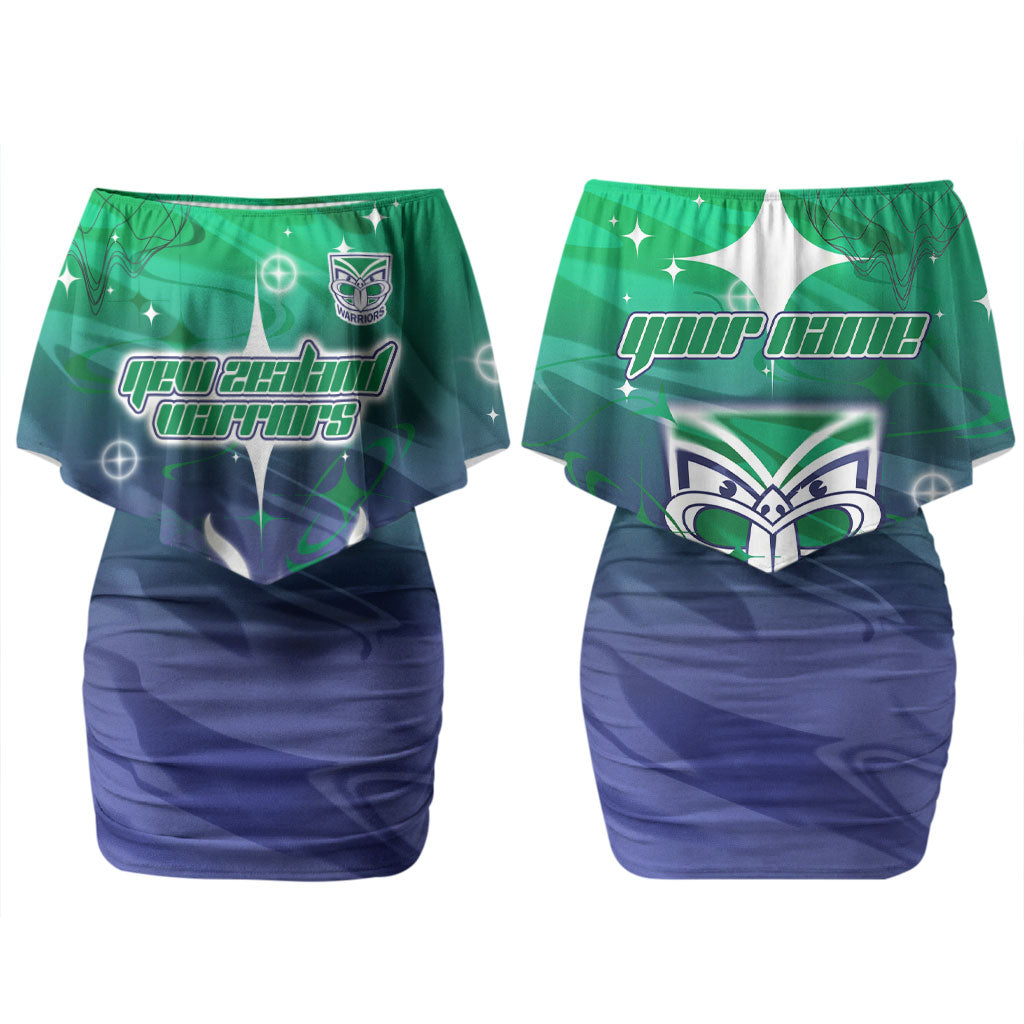Personalized New Zealand Warriors Couples Matching Off Shoulder Short Dress and Long Sleeve Button Shirt Y2K Grunge Aesthetic With Cyber Flames and Starburst Graphics