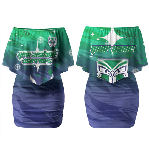 Personalized New Zealand Warriors Couples Matching Off Shoulder Short Dress and Long Sleeve Button Shirt Y2K Grunge Aesthetic With Cyber Flames and Starburst Graphics
