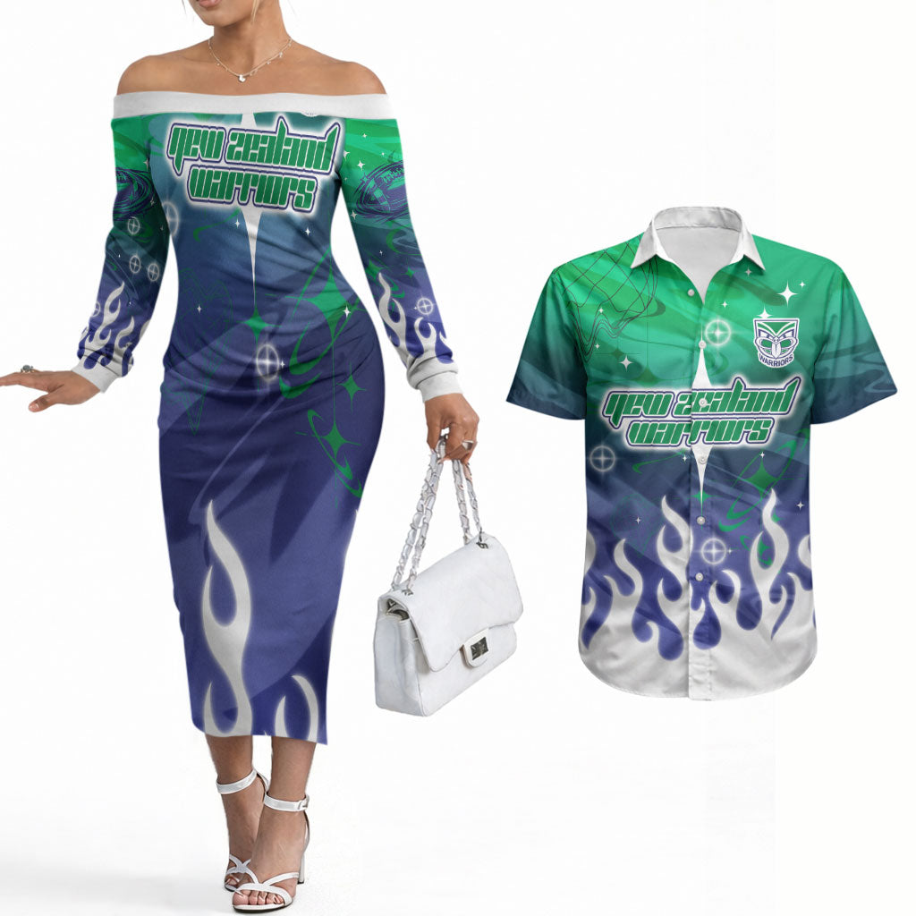 Personalized New Zealand Warriors Couples Matching Off The Shoulder Long Sleeve Dress and Hawaiian Shirt Y2K Grunge Aesthetic With Cyber Flames and Starburst Graphics