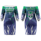 Personalized New Zealand Warriors Couples Matching Off The Shoulder Long Sleeve Dress and Hawaiian Shirt Y2K Grunge Aesthetic With Cyber Flames and Starburst Graphics