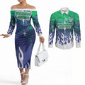 Personalized New Zealand Warriors Couples Matching Off The Shoulder Long Sleeve Dress and Long Sleeve Button Shirt Y2K Grunge Aesthetic With Cyber Flames and Starburst Graphics
