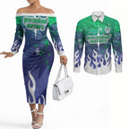 Personalized New Zealand Warriors Couples Matching Off The Shoulder Long Sleeve Dress and Long Sleeve Button Shirt Y2K Grunge Aesthetic With Cyber Flames and Starburst Graphics