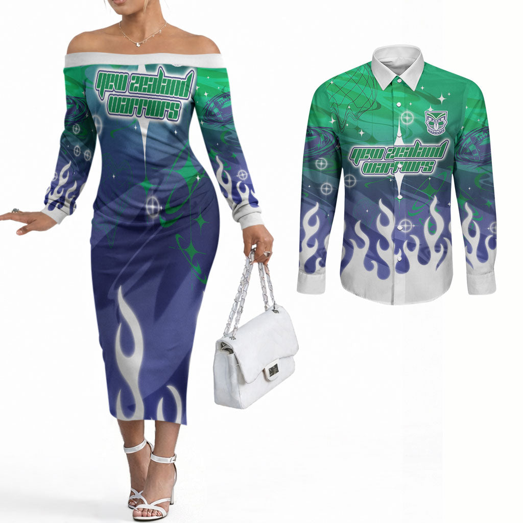 Personalized New Zealand Warriors Couples Matching Off The Shoulder Long Sleeve Dress and Long Sleeve Button Shirt Y2K Grunge Aesthetic With Cyber Flames and Starburst Graphics
