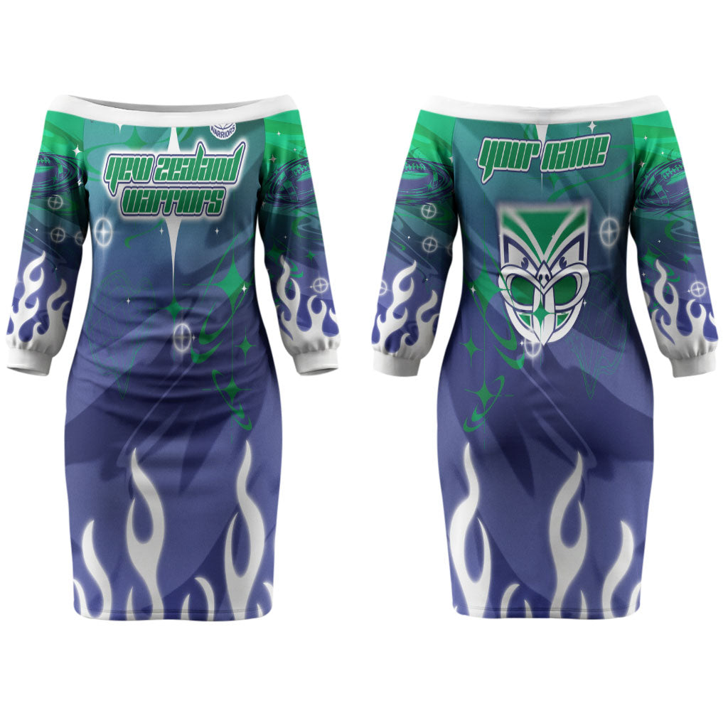 Personalized New Zealand Warriors Couples Matching Off The Shoulder Long Sleeve Dress and Long Sleeve Button Shirt Y2K Grunge Aesthetic With Cyber Flames and Starburst Graphics