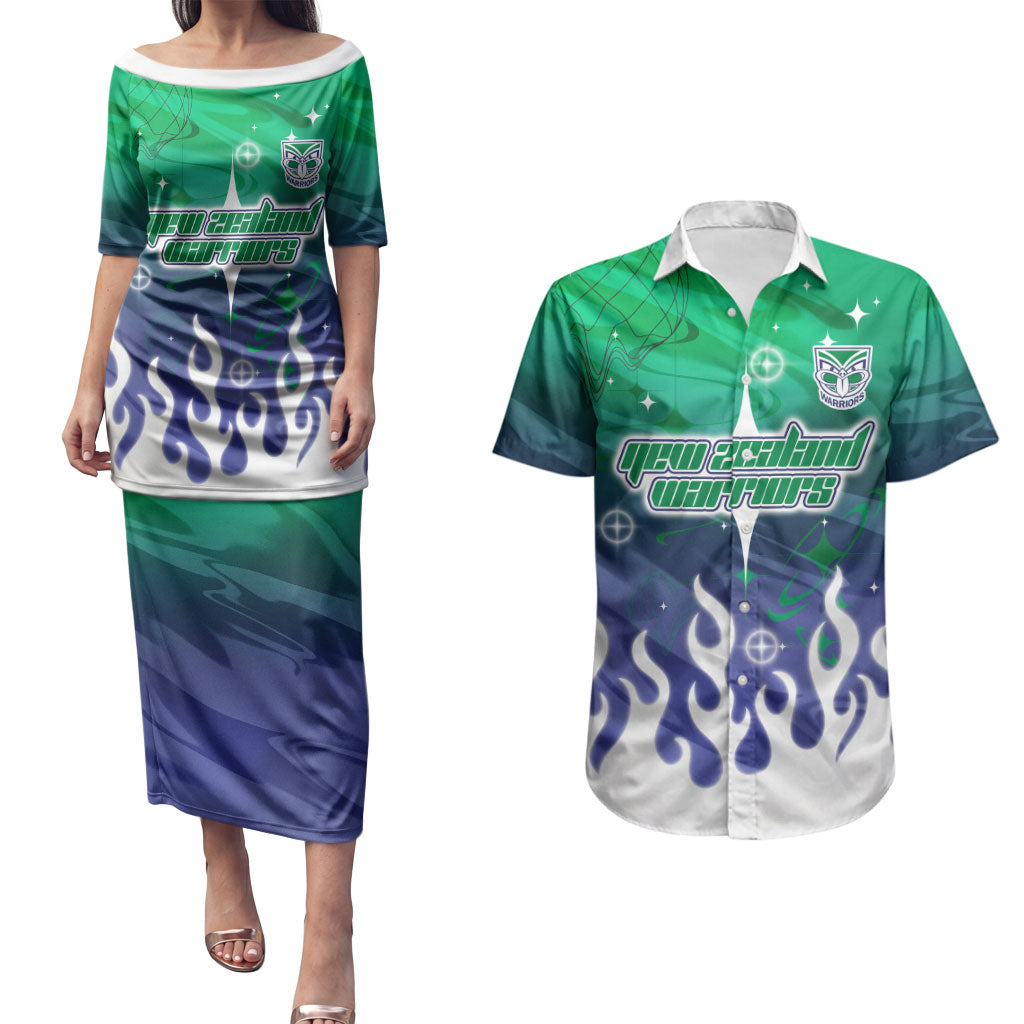 Personalized New Zealand Warriors Couples Matching Puletasi and Hawaiian Shirt Y2K Grunge Aesthetic With Cyber Flames and Starburst Graphics