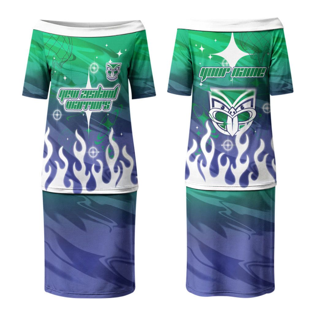 Personalized New Zealand Warriors Couples Matching Puletasi and Hawaiian Shirt Y2K Grunge Aesthetic With Cyber Flames and Starburst Graphics