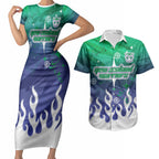 Personalized New Zealand Warriors Couples Matching Short Sleeve Bodycon Dress and Hawaiian Shirt Y2K Grunge Aesthetic With Cyber Flames and Starburst Graphics