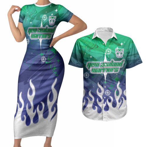 Personalized New Zealand Warriors Couples Matching Short Sleeve Bodycon Dress and Hawaiian Shirt Y2K Grunge Aesthetic With Cyber Flames and Starburst Graphics