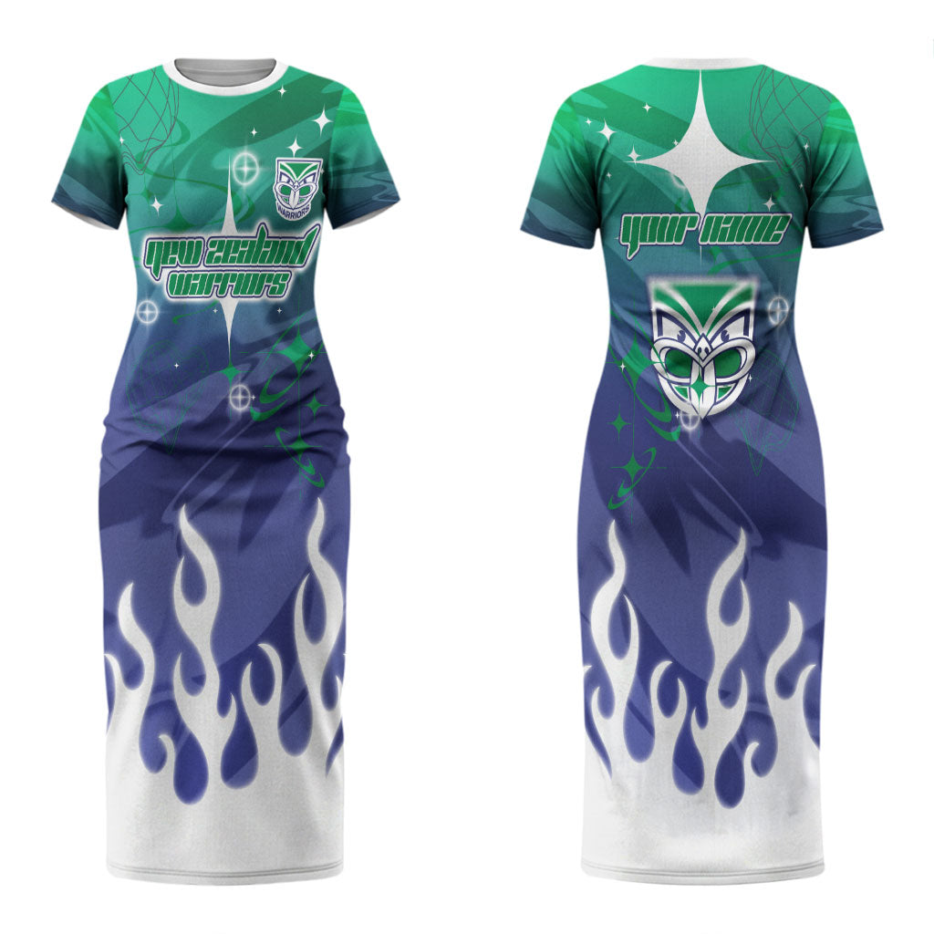 Personalized New Zealand Warriors Couples Matching Short Sleeve Bodycon Dress and Hawaiian Shirt Y2K Grunge Aesthetic With Cyber Flames and Starburst Graphics