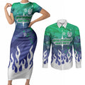 Personalized New Zealand Warriors Couples Matching Short Sleeve Bodycon Dress and Long Sleeve Button Shirt Y2K Grunge Aesthetic With Cyber Flames and Starburst Graphics