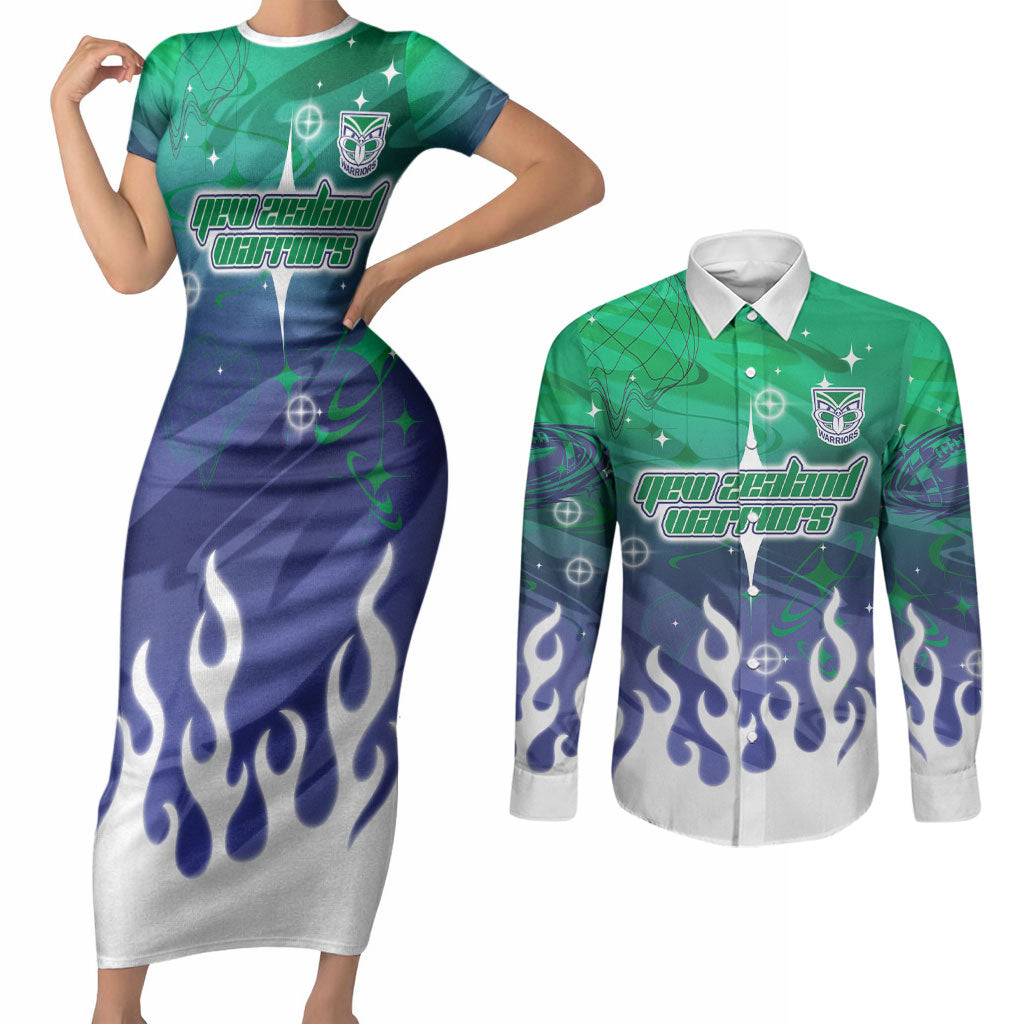 Personalized New Zealand Warriors Couples Matching Short Sleeve Bodycon Dress and Long Sleeve Button Shirt Y2K Grunge Aesthetic With Cyber Flames and Starburst Graphics