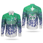 Personalized New Zealand Warriors Couples Matching Short Sleeve Bodycon Dress and Long Sleeve Button Shirt Y2K Grunge Aesthetic With Cyber Flames and Starburst Graphics