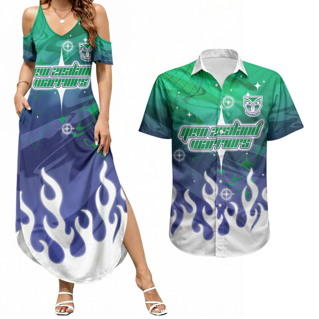 Personalized New Zealand Warriors Couples Matching Summer Maxi Dress and Hawaiian Shirt Y2K Grunge Aesthetic With Cyber Flames and Starburst Graphics