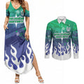 Personalized New Zealand Warriors Couples Matching Summer Maxi Dress and Long Sleeve Button Shirt Y2K Grunge Aesthetic With Cyber Flames and Starburst Graphics