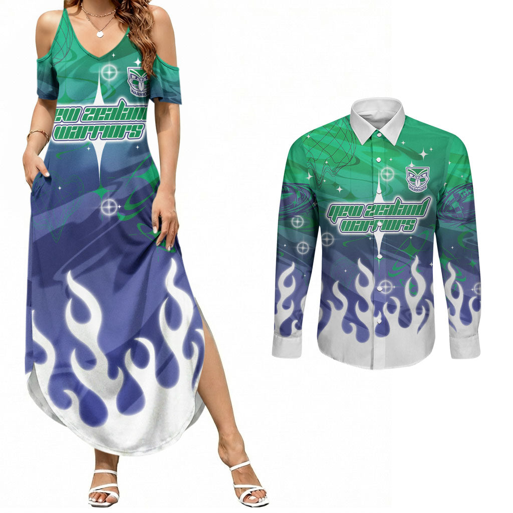 Personalized New Zealand Warriors Couples Matching Summer Maxi Dress and Long Sleeve Button Shirt Y2K Grunge Aesthetic With Cyber Flames and Starburst Graphics