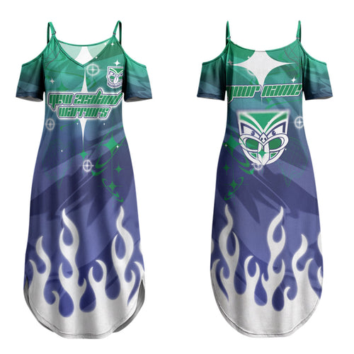 Personalized New Zealand Warriors Couples Matching Summer Maxi Dress and Long Sleeve Button Shirt Y2K Grunge Aesthetic With Cyber Flames and Starburst Graphics