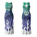 Personalized New Zealand Warriors Couples Matching Tank Maxi Dress and Hawaiian Shirt Y2K Grunge Aesthetic With Cyber Flames and Starburst Graphics