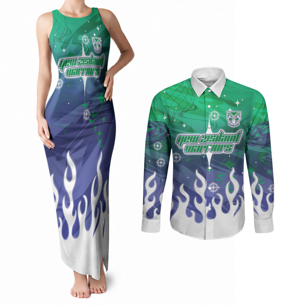 Personalized New Zealand Warriors Couples Matching Tank Maxi Dress and Long Sleeve Button Shirt Y2K Grunge Aesthetic With Cyber Flames and Starburst Graphics