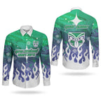 Personalized New Zealand Warriors Couples Matching Tank Maxi Dress and Long Sleeve Button Shirt Y2K Grunge Aesthetic With Cyber Flames and Starburst Graphics