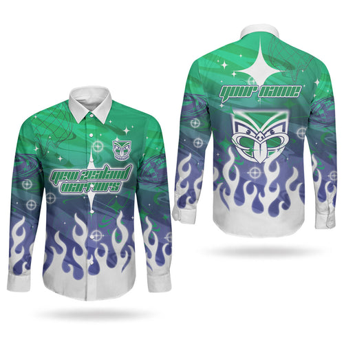 Personalized New Zealand Warriors Couples Matching Tank Maxi Dress and Long Sleeve Button Shirt Y2K Grunge Aesthetic With Cyber Flames and Starburst Graphics