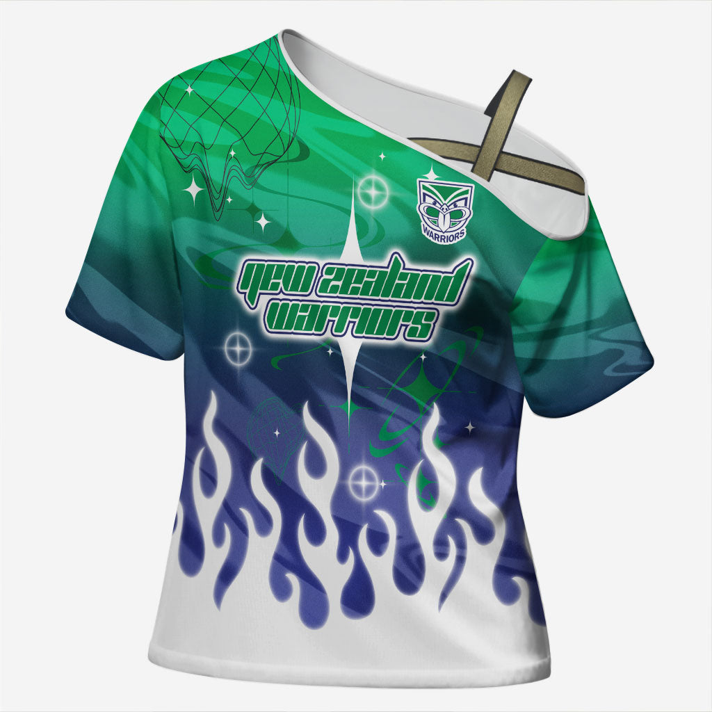 Personalized New Zealand Warriors Cross Shoulder Shirt Y2K Grunge Aesthetic With Cyber Flames and Starburst Graphics