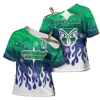 Personalized New Zealand Warriors Cross Shoulder Shirt Y2K Grunge Aesthetic With Cyber Flames and Starburst Graphics