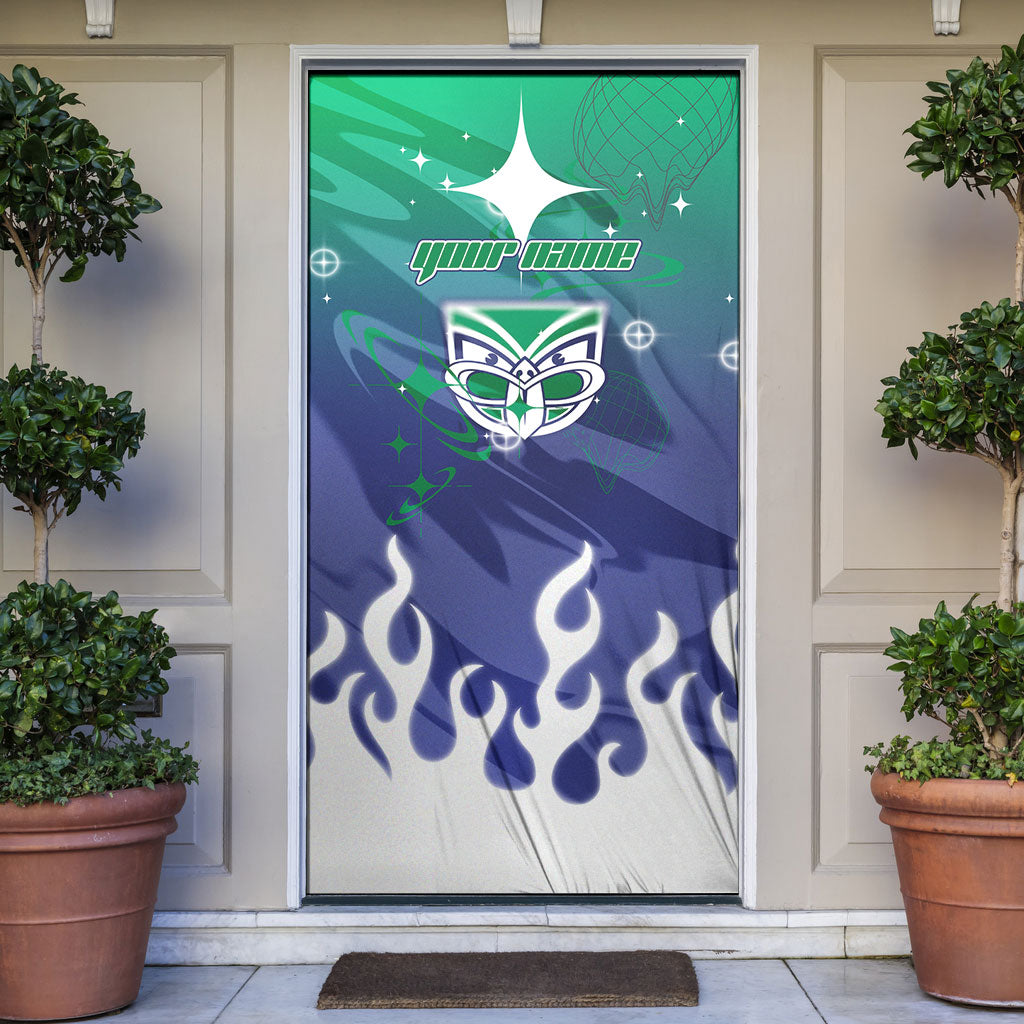 Personalized New Zealand Warriors Door Cover Y2K Grunge Aesthetic With Cyber Flames and Starburst Graphics