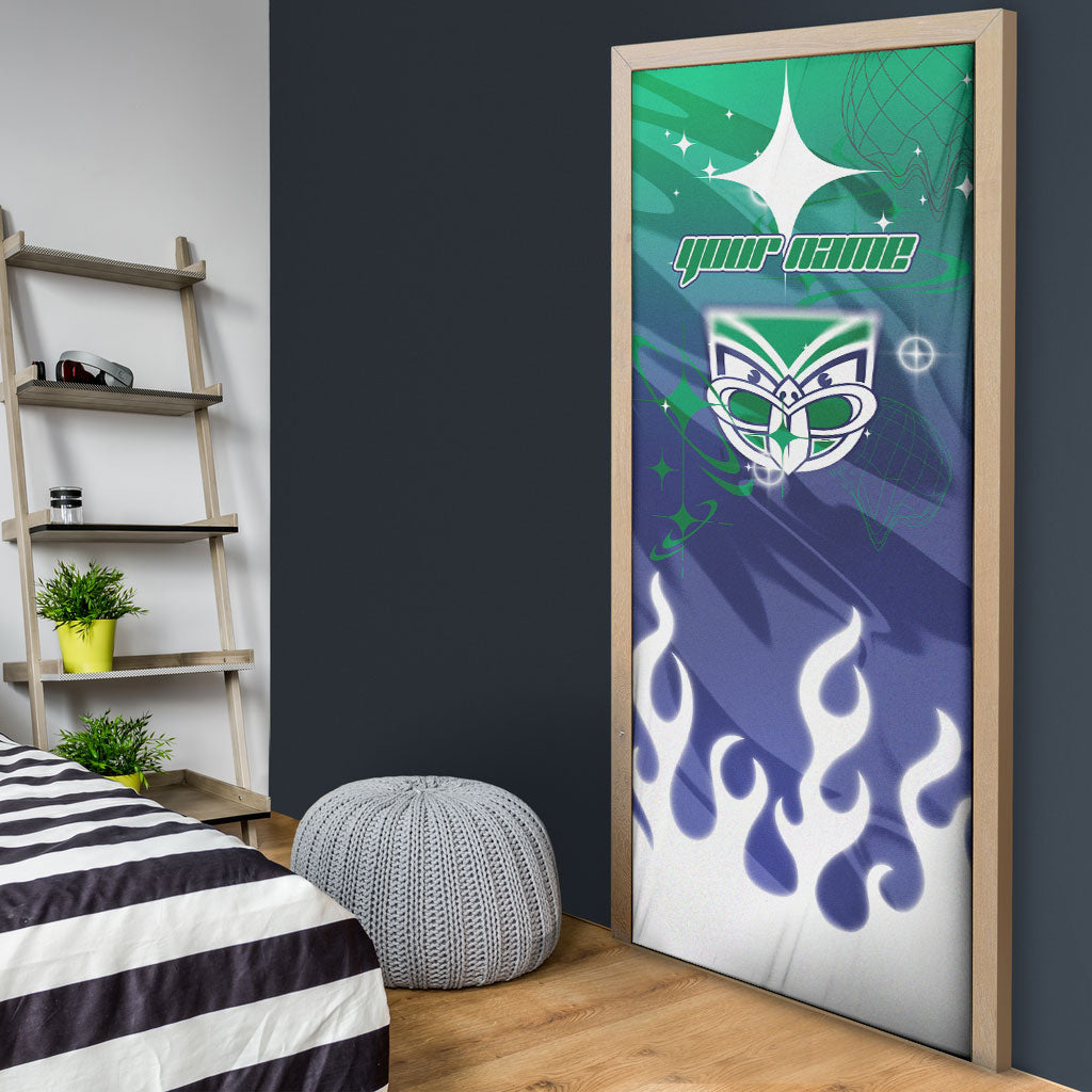 Personalized New Zealand Warriors Door Cover Y2K Grunge Aesthetic With Cyber Flames and Starburst Graphics