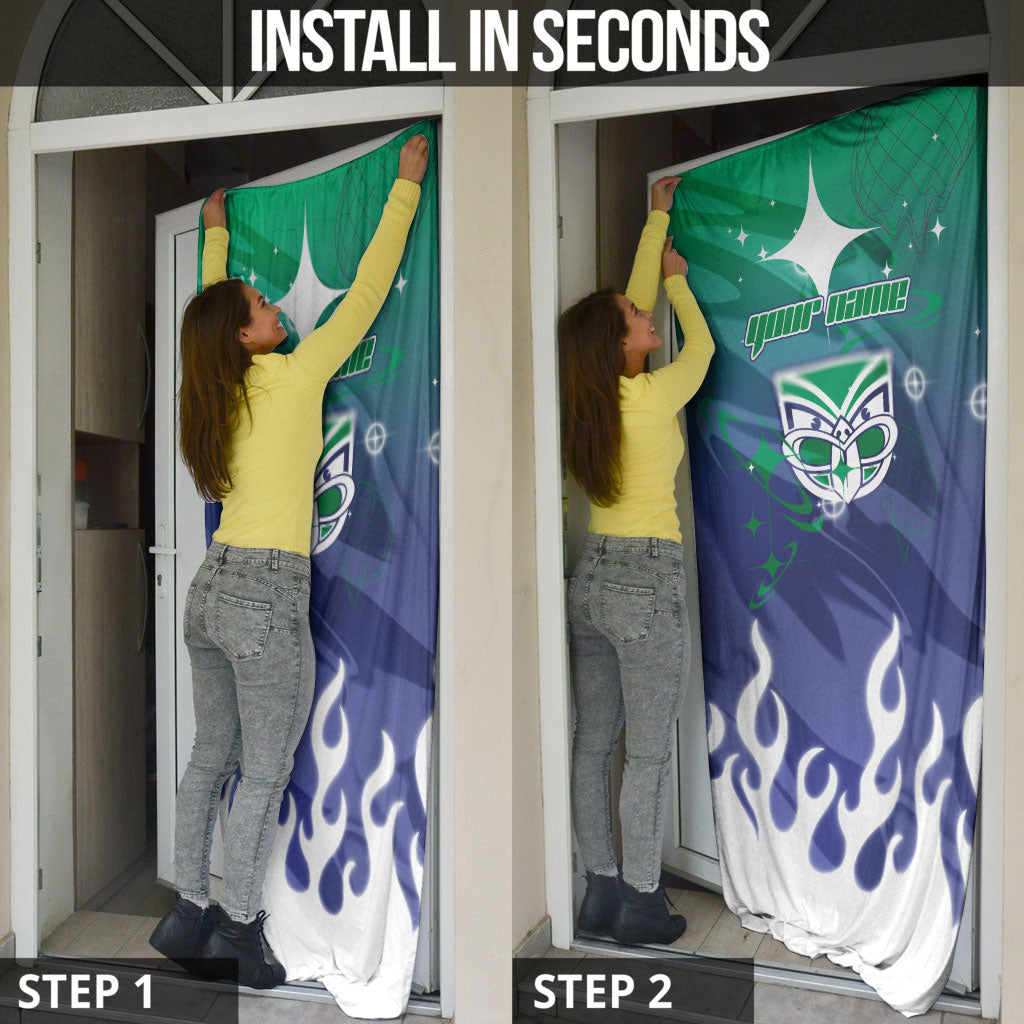 Personalized New Zealand Warriors Door Cover Y2K Grunge Aesthetic With Cyber Flames and Starburst Graphics
