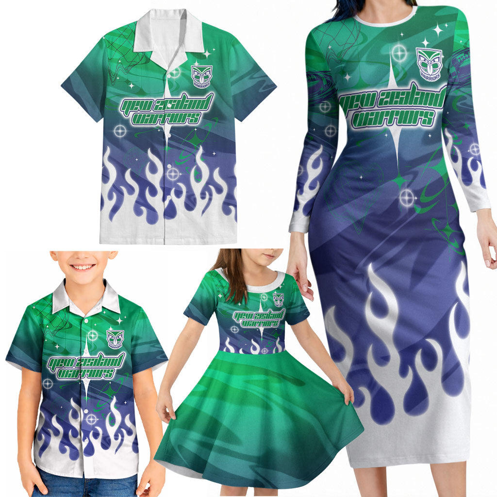 Personalized New Zealand Warriors Family Matching Long Sleeve Bodycon Dress and Hawaiian Shirt Y2K Grunge Aesthetic With Cyber Flames and Starburst Graphics