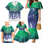 Personalized New Zealand Warriors Family Matching Mermaid Dress and Hawaiian Shirt Y2K Grunge Aesthetic With Cyber Flames and Starburst Graphics