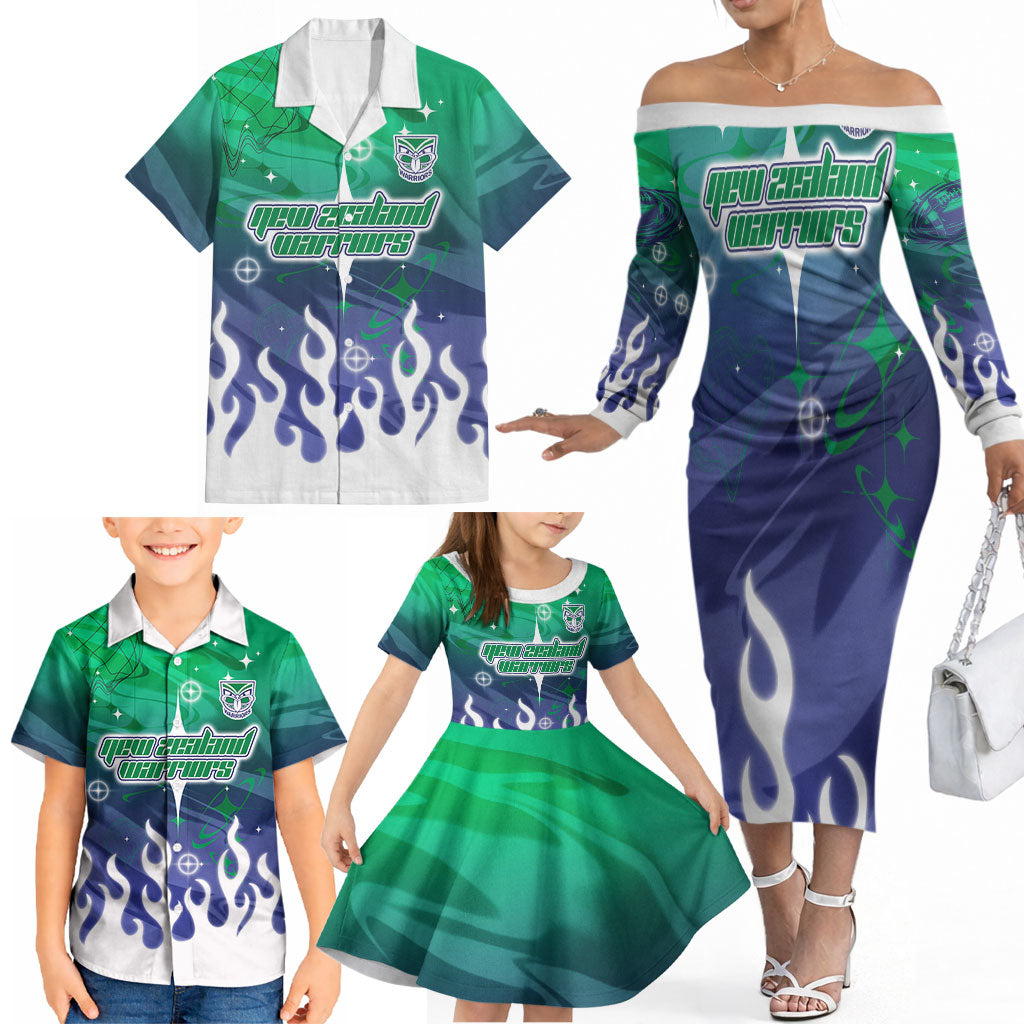 Personalized New Zealand Warriors Family Matching Off The Shoulder Long Sleeve Dress and Hawaiian Shirt Y2K Grunge Aesthetic With Cyber Flames and Starburst Graphics