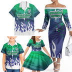 Personalized New Zealand Warriors Family Matching Off The Shoulder Long Sleeve Dress and Hawaiian Shirt Y2K Grunge Aesthetic With Cyber Flames and Starburst Graphics
