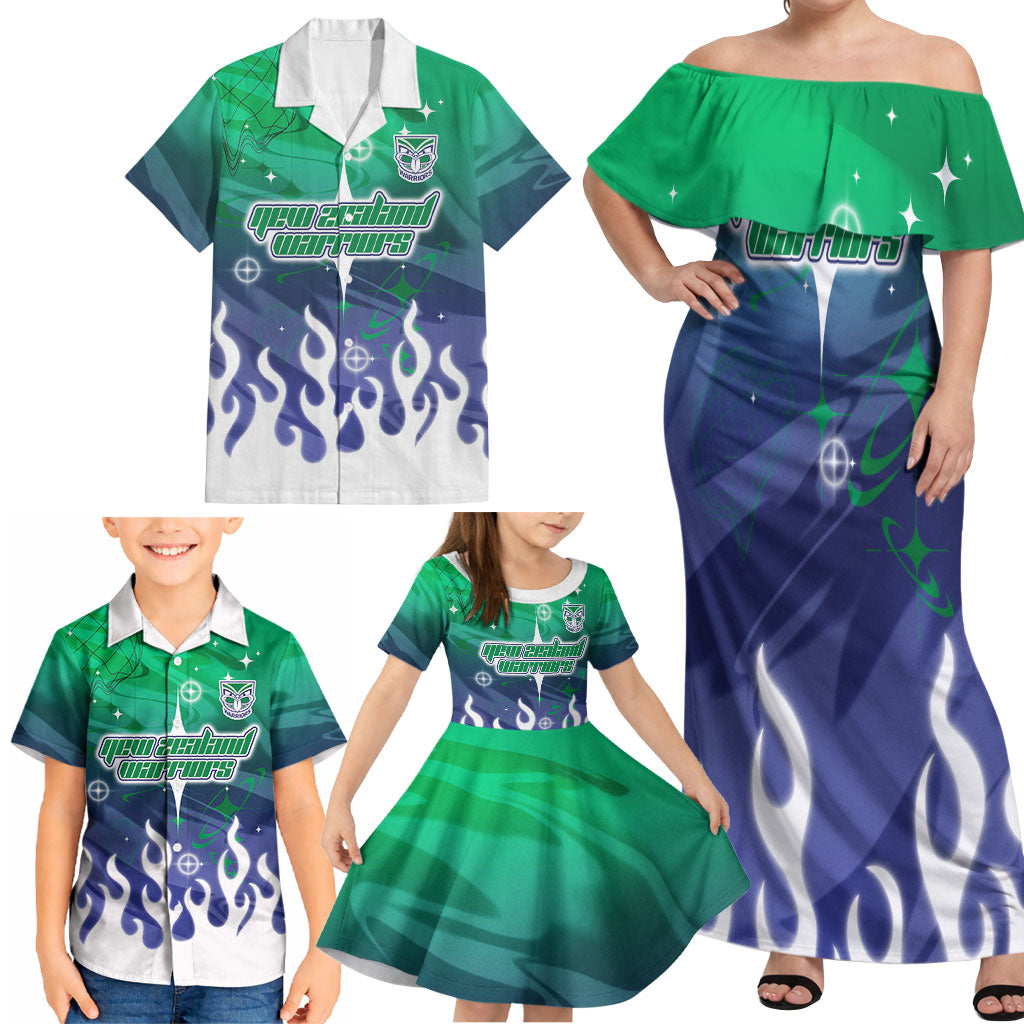 Personalized New Zealand Warriors Family Matching Off Shoulder Maxi Dress and Hawaiian Shirt Y2K Grunge Aesthetic With Cyber Flames and Starburst Graphics