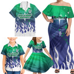 Personalized New Zealand Warriors Family Matching Off Shoulder Maxi Dress and Hawaiian Shirt Y2K Grunge Aesthetic With Cyber Flames and Starburst Graphics