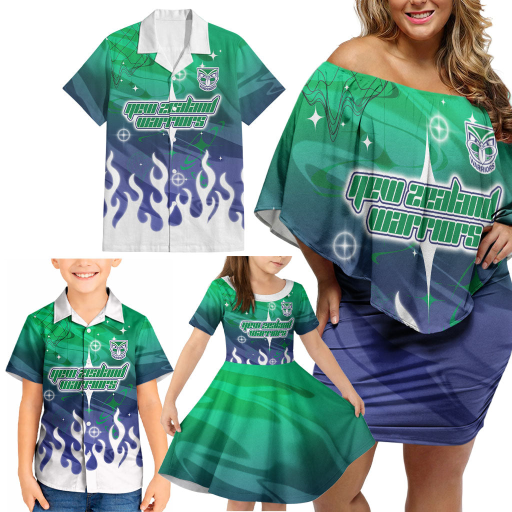 Personalized New Zealand Warriors Family Matching Off Shoulder Short Dress and Hawaiian Shirt Y2K Grunge Aesthetic With Cyber Flames and Starburst Graphics