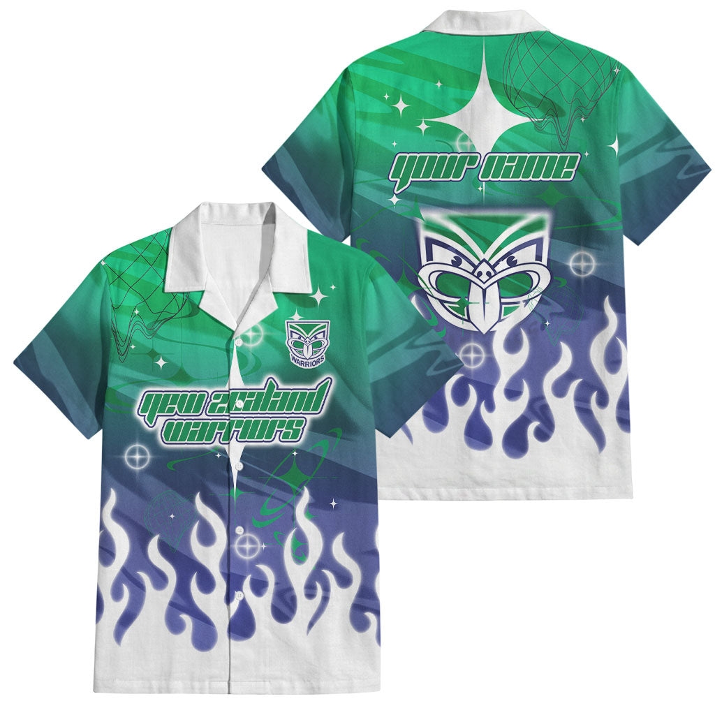 Personalized New Zealand Warriors Family Matching Off Shoulder Short Dress and Hawaiian Shirt Y2K Grunge Aesthetic With Cyber Flames and Starburst Graphics