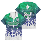 Personalized New Zealand Warriors Family Matching Off Shoulder Short Dress and Hawaiian Shirt Y2K Grunge Aesthetic With Cyber Flames and Starburst Graphics