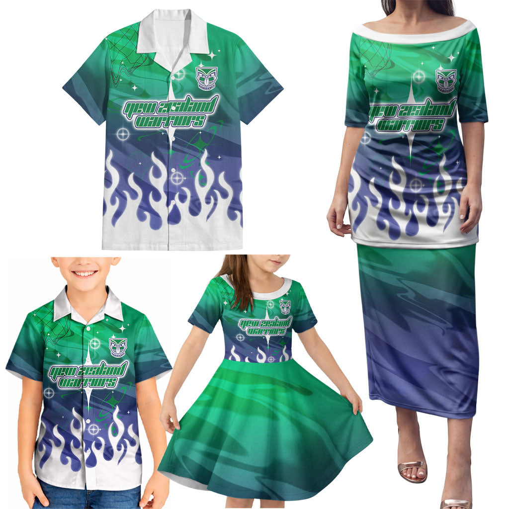Personalized New Zealand Warriors Family Matching Puletasi and Hawaiian Shirt Y2K Grunge Aesthetic With Cyber Flames and Starburst Graphics
