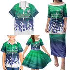 Personalized New Zealand Warriors Family Matching Puletasi and Hawaiian Shirt Y2K Grunge Aesthetic With Cyber Flames and Starburst Graphics