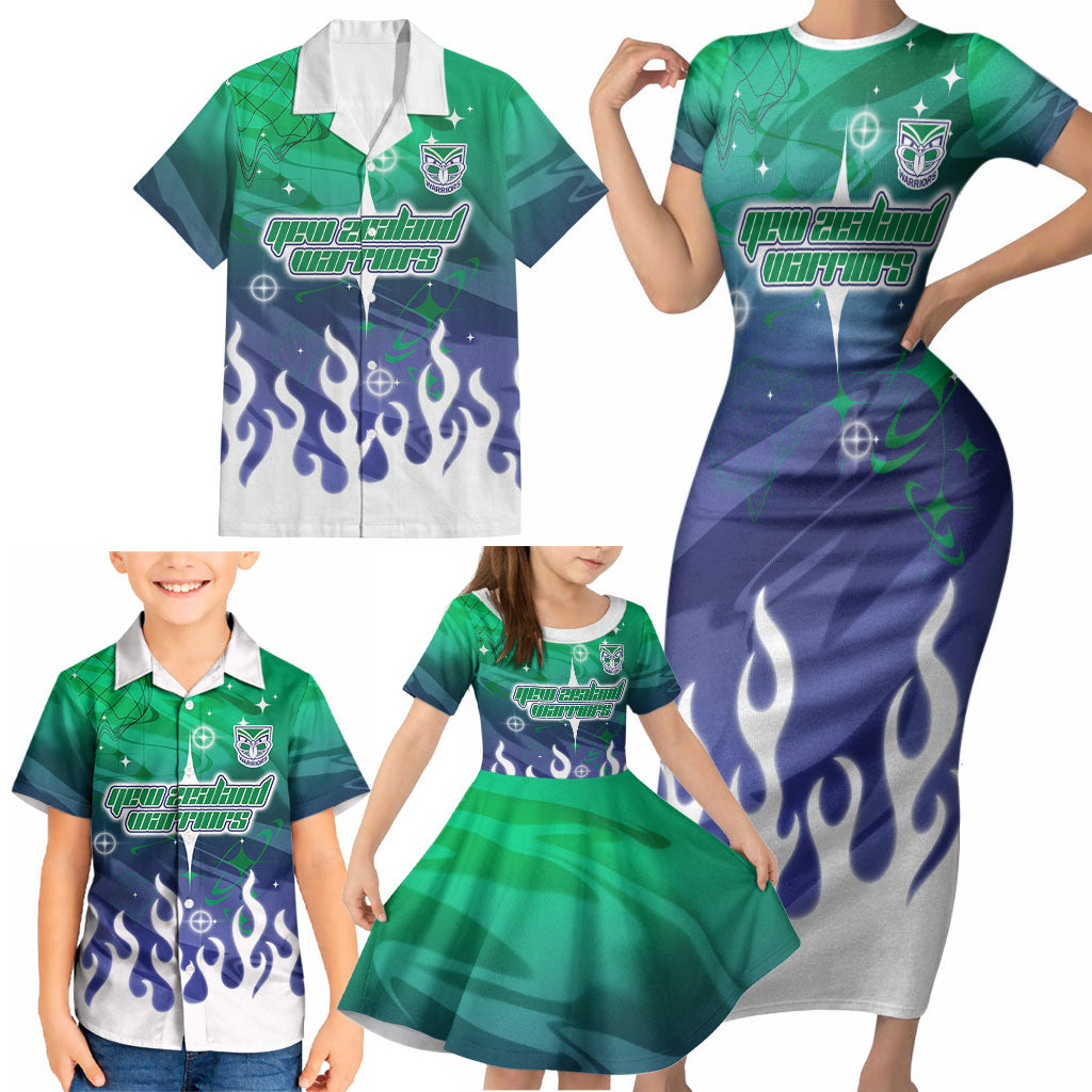 Personalized New Zealand Warriors Family Matching Short Sleeve Bodycon Dress and Hawaiian Shirt Y2K Grunge Aesthetic With Cyber Flames and Starburst Graphics