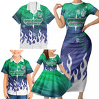 Personalized New Zealand Warriors Family Matching Short Sleeve Bodycon Dress and Hawaiian Shirt Y2K Grunge Aesthetic With Cyber Flames and Starburst Graphics