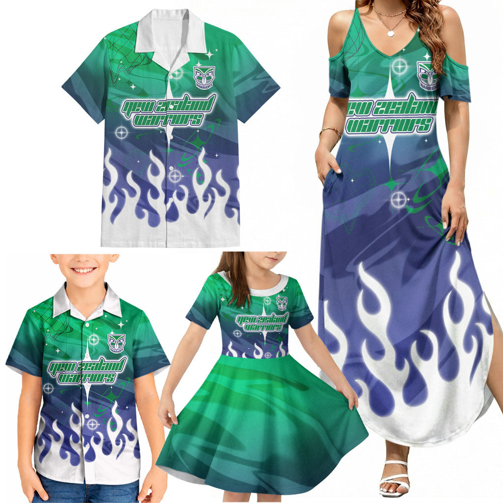 Personalized New Zealand Warriors Family Matching Summer Maxi Dress and Hawaiian Shirt Y2K Grunge Aesthetic With Cyber Flames and Starburst Graphics